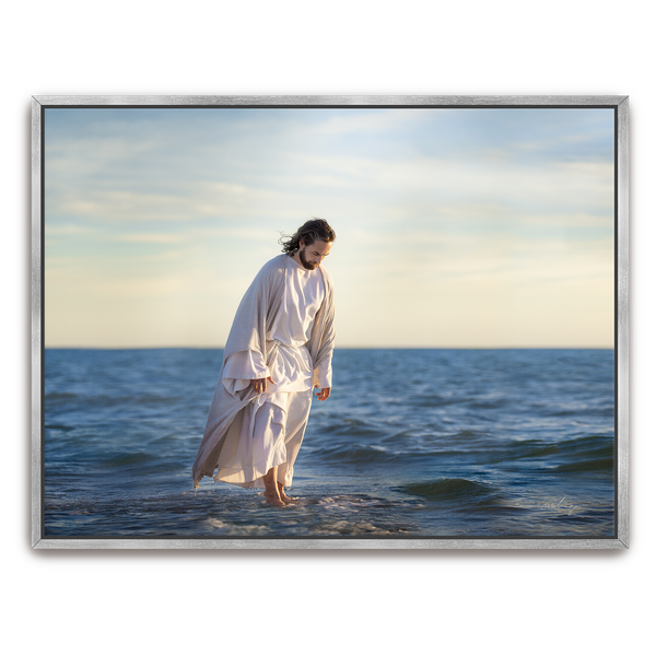 Jesus Christ 'Be Not Afraid' walking on water. Realistic Christian art work on metal with silver frame by Reflections of Christ.
