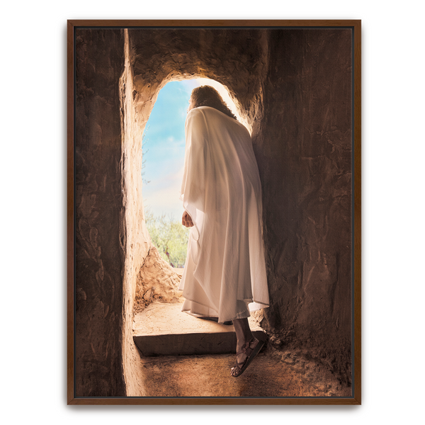 Jesus Christ exiting the tomb. 'Alive' is a modern realistic Christian art work on Walnut by Reflections of Christ.