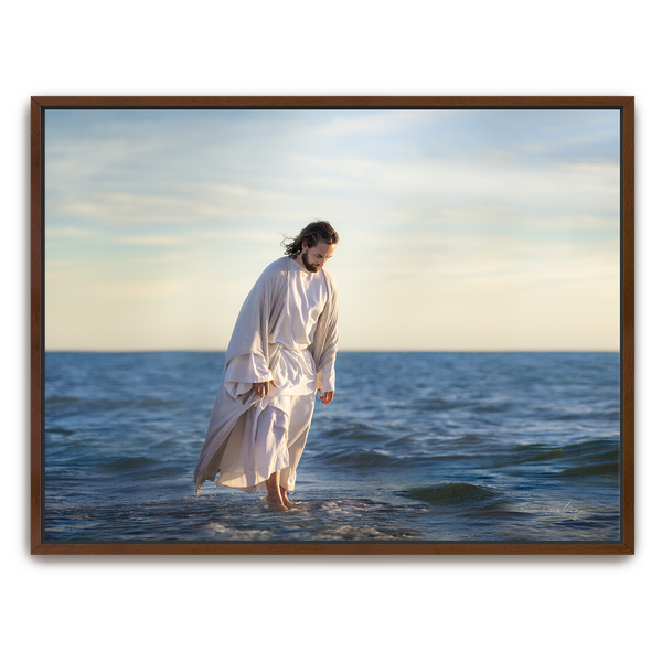 Jesus Christ 'Be Not Afraid' walking on water. Realistic Christian art work on metal with walnut  frame by Reflections of Christ.