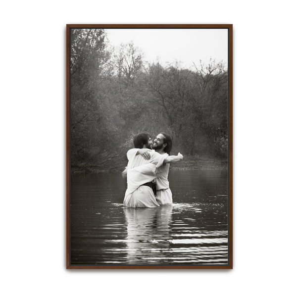 Jesus Christ 'Joy' baptismal embrace. Modern Christian art work on metal with walnut frame by Reflections of Christ.