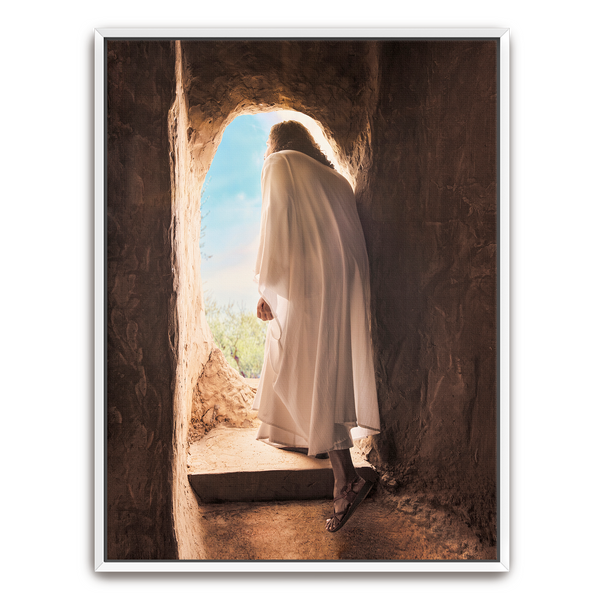 Jesus Christ exiting the tomb. 'Alive' is a modern realistic Christian art work on white by Reflections of Christ.