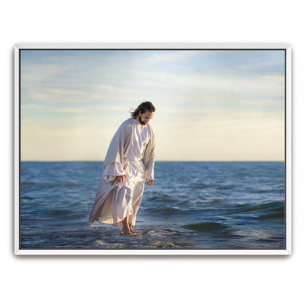 Jesus Christ 'Be Not Afraid' walking on water. Realistic Christian art work on metal with white frame by Reflections of Christ.