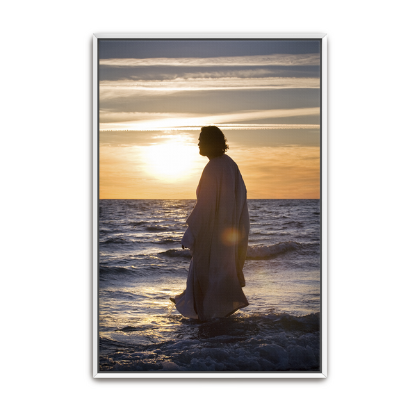 Jesus Christ 'He Came Unto Them' silhouette. Realistic Christian wall art on canvas with white frame by Reflections of Christ.