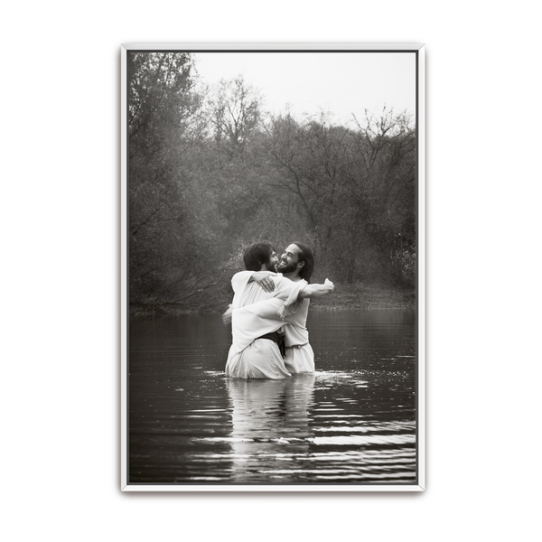 Jesus Christ 'Joy' baptismal embrace. Modern Christian art work on metal with white frame by Reflections of Christ.
