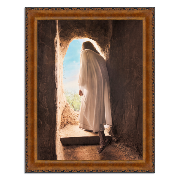 Jesus Christ exiting the tomb. 'Alive' is a modern realistic Christian art work on Vintage Copper by Reflections of Christ.