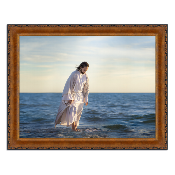 Jesus Christ 'Be Not Afraid' walking on water. Realistic Christian art work on metal with Vintage Copper  frame by Reflections of Christ.