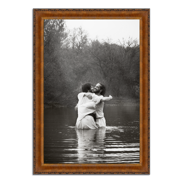 Jesus Christ 'Joy' baptismal embrace. Modern Christian art work on metal with Vintage Copper frame by Reflections of Christ.