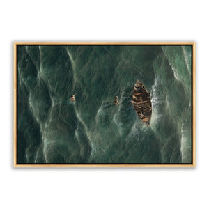 Jesus Christ walking on water with Peter. 'Eyes on Jesus' Realistic Christian art work on canvas with gold frame by Reflections of Christ.