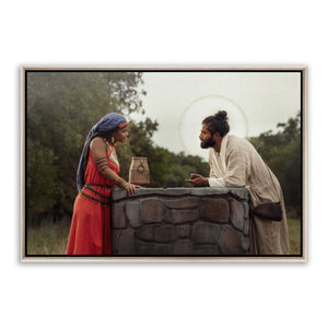 Jesus Christ with the Samaritan woman. 'Woman at the Well' modern Christian art work on metal with silver frame by Reflections of Christ.